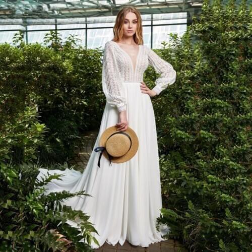Elegant Boho Wedding Dresses Lace Chiffon Bohemian Long Puffy Sleeve Floor Length V Neck A Line Bridal Gown Vestido De Novia New