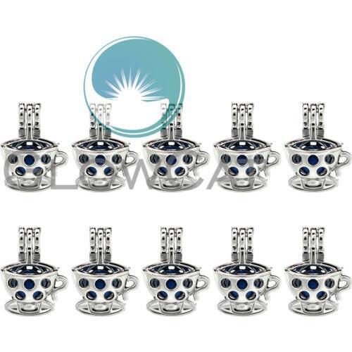 10x K942 Coffee Cup Beads Cage Pendant Perfume Essential Oil Diffuser Pearl Cage Locket Pendant