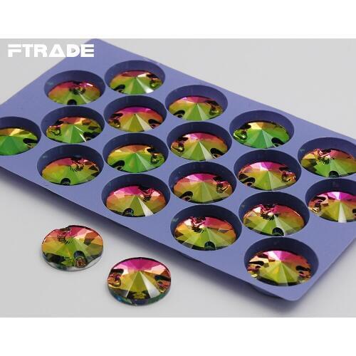 12mm 18mm Rainbow Flat Back Glass Sewing Rhinestones Rivoli Round Sew On Stones DIY 2 Holes