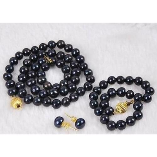 7-8mm Black Akoya Cultured Pearl Necklace Bracelet Earrings Set