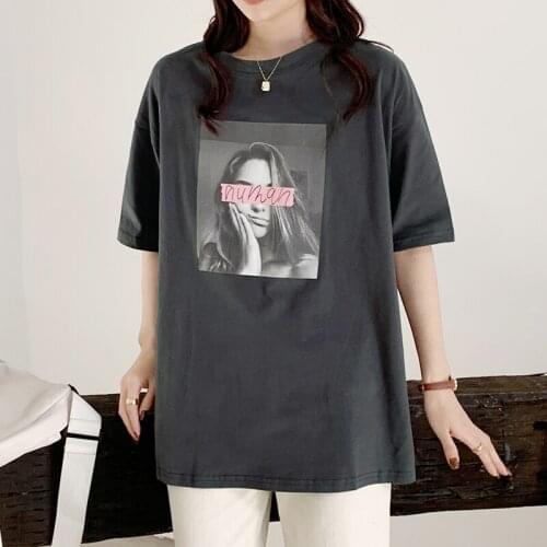 GGRIGHT 2021 Cotton Summer Tees Tops Gray Print Woman Plus Size Short Sleeve Oversized T shirt Big Girls Clothing Tshirt White