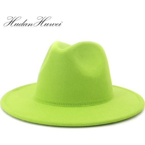 2020 Hot Sell New Lime Green Women Men Wool Felt Fedora Hat With Wide Brim Gentleman Elegant Lady Winter Autumn Jazz Caps