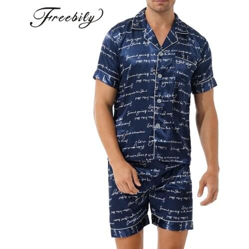 2Pcs Mens Short Sleeve Satin Pajama Set with Shorts Turn-Down Collar Classic Sleepwear Loungewear
