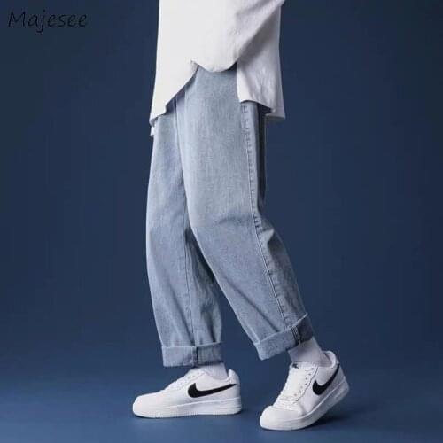Men Solid Jeans Straight Simple Plus Size 3XL Full-length Casual Regular Denim Soft Fashion Streetwear Trousers Harajuku Retro