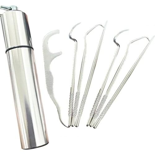 Toothpick Eco-friendly Rust-proof Stainless Steel Toothpicks Set with Storage Box Dental Floss Bag Reusable Easy to Carry Kit