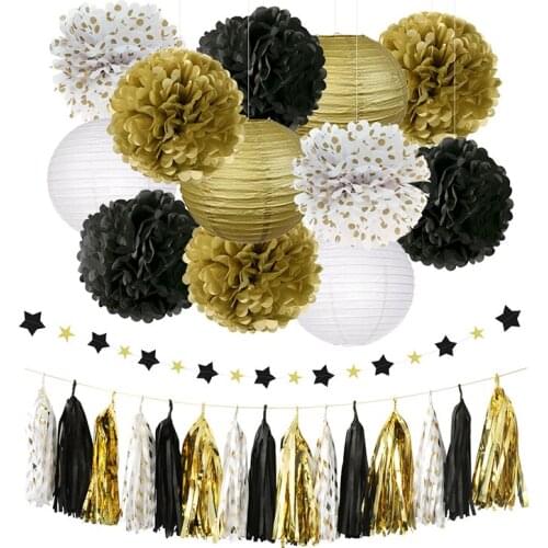 NICROLANDEE Gold Round Tissue Paper Flower Balls Lanterns Star Garland Wedding Party Birthday Decoration Anniversary