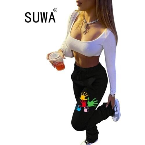 2021 New Product Colorful Printed Skinny Trousers Sweatpants Women High Waist Flare Pants Stacked Leggings Korean Style