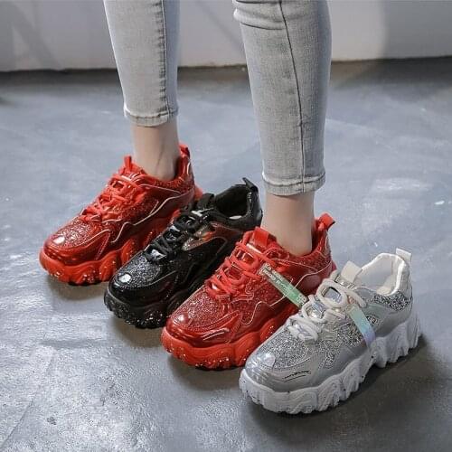 Autumn 2020 Womens Sport Shoes Chunky Sneakers Female Casual Bling Bling Walking Shoes Big Size 41 42 Shoes For Woman