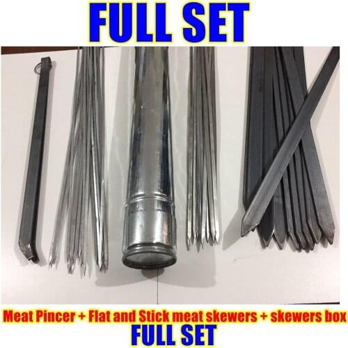 FULL SET BBQ Fork Skewers Stick Barbecue Grill Needles Outdoor Picnic Tools Meat Tongs Flat and Stick meat skewers carry box