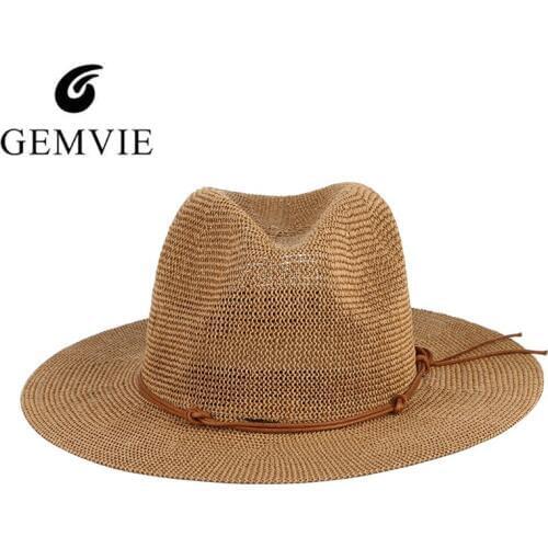 GEMVIE New Summer Hat Panama Hats Hollow Out Straw Hat For Men Women Leather Ribbon Large Brim Sun Beach Hat Jazz Cap Fedora