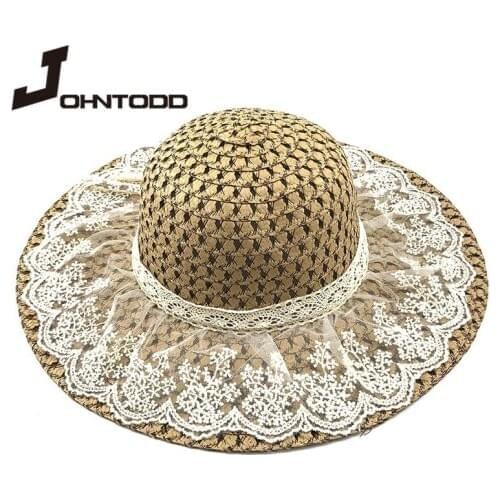 New parent-child woven womens sun hat, lace, ribbon, big brim, girls straw hat, outdoor beach hat, summer hat, adjustable cap