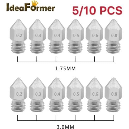 5/10pcs MK8 Nozzle 0.2/0.3/0.4/0.5/ 0.6/0.8mm M6 Threaded Stainless Steel for 1.75/3.0mm Filament 3D Printer Extruder Print Head
