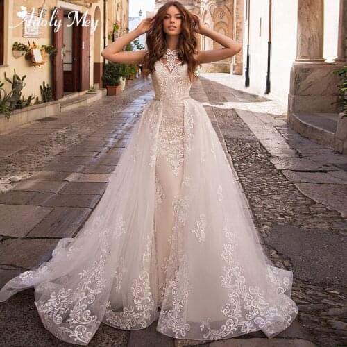 Adoly Mey Gorgeous Appliques Beading Detachable Train Mermaid Wedding Dress 2020 Vintage O-Neck Cap Sleeves Princess Bridal Gown