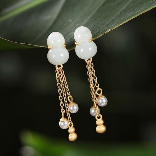 Thin Face Slimming Sterling Silver Natural Emerald Gourd Ancient Style Classical Chinese Tassel Temperament Womens Long Earrin