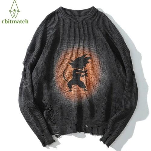 Water Wash Oversize Mens Sweaters Pullovers Streetwear Hole Japanese Anime Monkey King Knitted Hip Hop Cotton Women Pullover