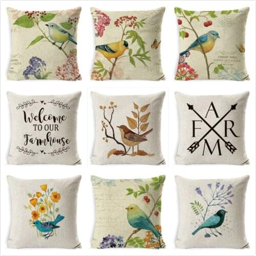 Bird Cushion Cover American Rural Style Pillowcase Hand Painting Birds Flowers Tree Cushions Case Sofa Linen Cotton Pillow Cover