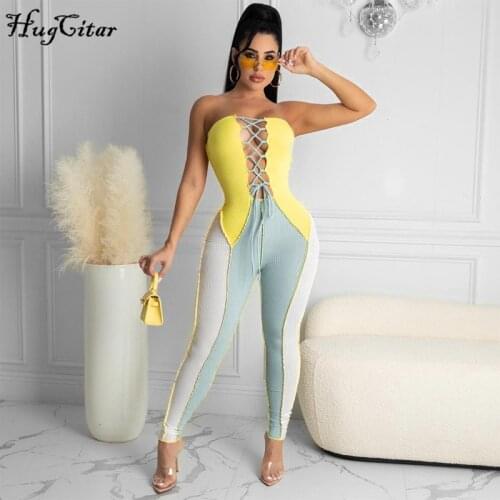 Hugcitar 2021 Sleeveless Patchwork Print Bandage Sexy Hole Jumpsuit Summer Women Fashion Streetwear Outfits Club Romper