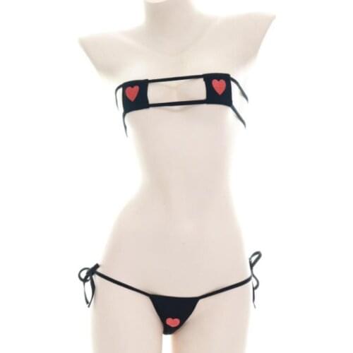 Japanese Sexy Lingerie Lolita Kawaii Black White Heart Print Mini Bikini Adult Cosplay Erotic Costumes Bra Women Underwear Set