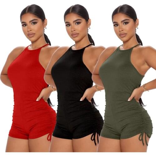 2021 New Style Women Solid Color Skinny Romper with Drawstring Ladies Slim Fit Sleeveless Short Jumpsuit for Summer
