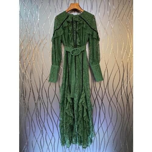 Top Quality New Lace Long Dress 2021 Autumn Party Evening Women Ruffle Floral Belt Deco Long Maxi Dress Green White Black Color