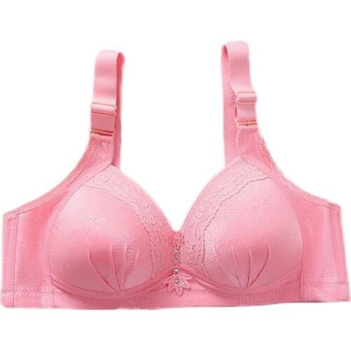 066C Women Plus Size Wireless Bra Floral Lace Trim Rhinestone Padded Adjustable Brassiere Solid Color Comfort Full Coverage