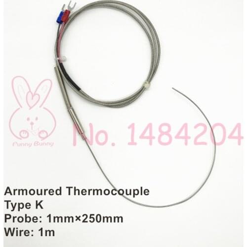 1 PCS Type K Armoured Thermocouple 1mm*250mm SUS310S Bendable Probe Max 800C Metal Shielded Wire 1m High Temperature Sensor