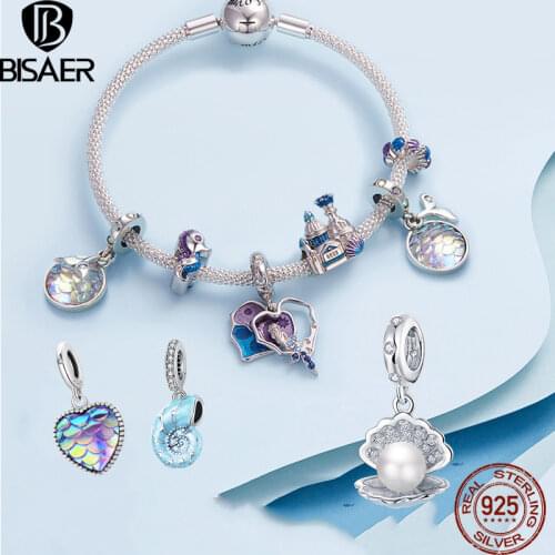 BISAER 925 Sterling Silver Ocean Style Fish Dolphin Mermaid Shell Beads Blue CZ Charms For Original DIY Bracelet Jewelry EFC242