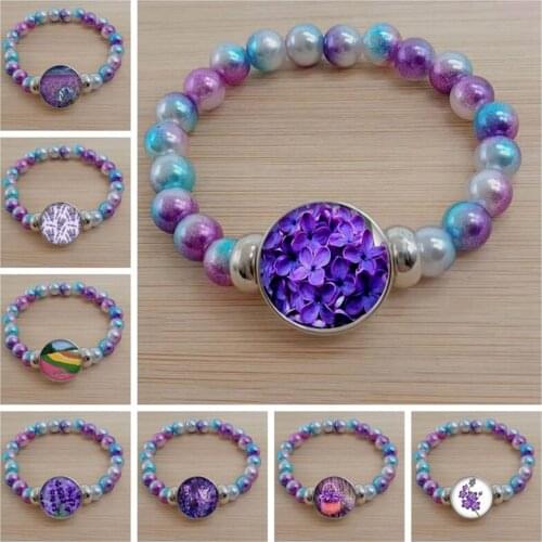 Purple Lavender Field Art Picture Bracelet Romantic Flower Handmade Glass Crystal Plant Bracelet Llaveros