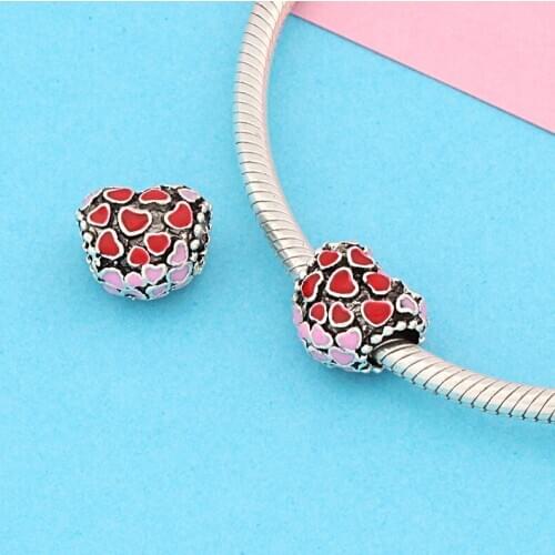 Anomokay Romantic Red Heart Charm fit Bracelet Bangle Pink Love Beads for Lovers Couple DIY Jewelry Gift 2 Pcs/Lot