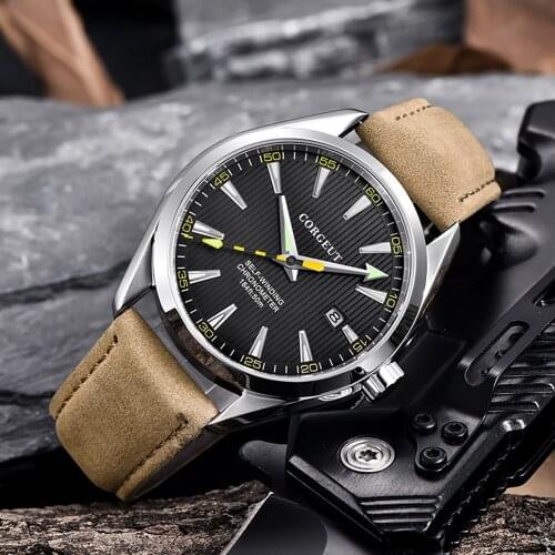 Luxury brand Corgeut 41mm Men Clock Leather Luminous Calendar Automatic Relogio Masculino black Dial Sapphire Sport Men watch