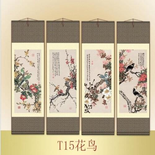 4Pc Chinese Silk Scroll Painting Gongbi Flowers Bird Calligraphy Home Decoration
