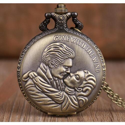 Gone with the Wind Vintage Classic Quartz Pocket Watch Retro Bronze Necklace Pendant Chain Art Collectibles Gifts