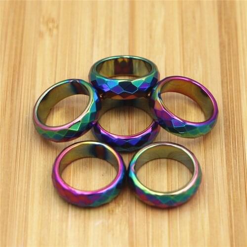 Hot Wholesale 50pcs/lot Fashion Party Jewelry Grade 3A Quality 6mm Wide Faceted Hematite Rings Rainbow Color Fashion Rings