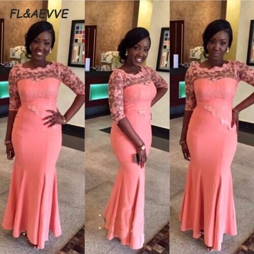 Coral Mermaid Bridesmaid Dresses South African Lace Top Long Sleeves Black Girls Bridesmaid Dress for Wedding Party