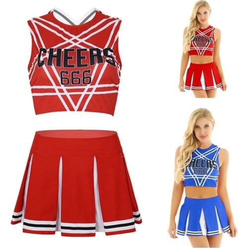 Cheerleading Costume Women School Girl Crop Top Dress Sexy Cheerleader Dancewear Costume Red Blue Summer Skirt Set for Female