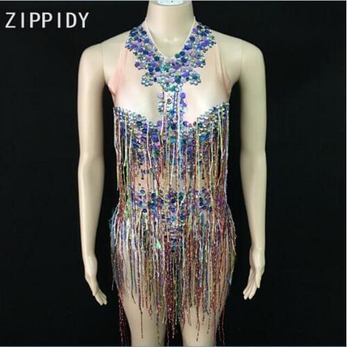 Birthday Dance Stage Costume Nightclub Dance Female Singer Show Outfit Multicolor Fringes Bright Rhinestones Bodysuit Womens