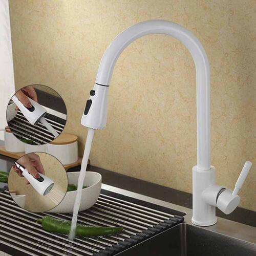 Kitchen Sink Faucets White Chrome Finish Brass Kitchen Faucet Pull Out Spring Spout Mixer Tap Single Handle Hot Cold Swivel Taps