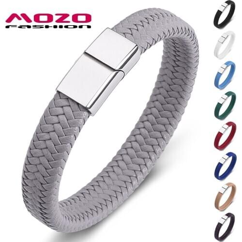 Fashion Punk Men Jewelry Gray Braided Leather Bracelet Stainless Steel Magnetic Clasp HOT Sale Women Bangles Gifts