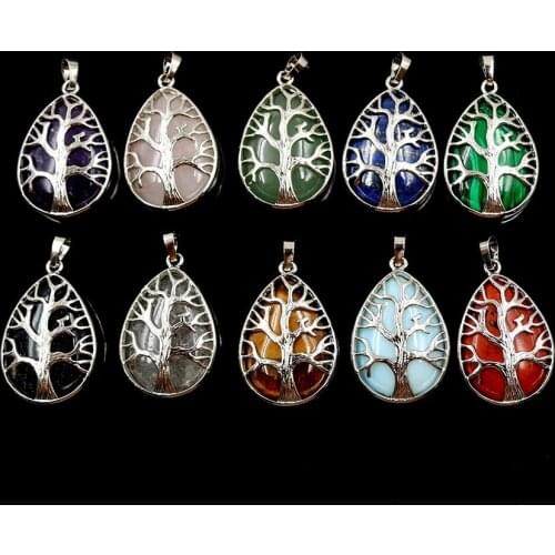 Fashion Healing Rose Pink Quartz Lapis Stone Teardrop Bead Chakra Tree of Life Pendant for Jewelry Making Wholesale