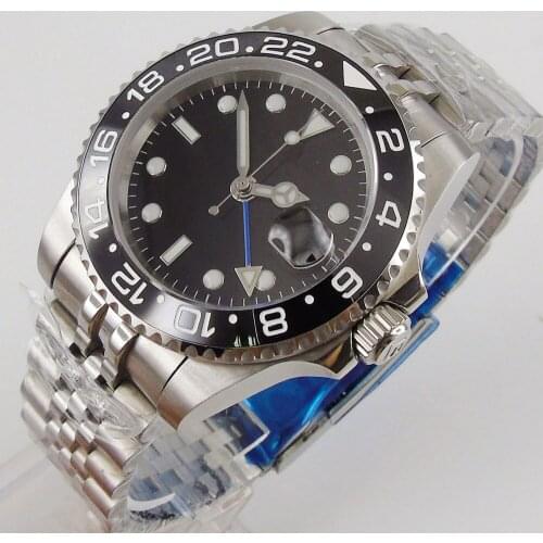 40mm Sapphire Glass Automatic Mens Watch Black Dial jubilee Strap GMT Date Indicator Watch Case Wristwatch