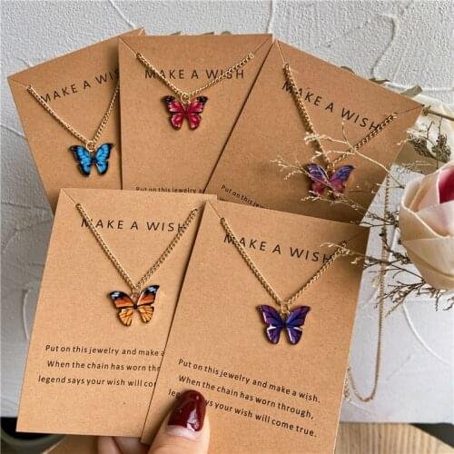 Korean Vintage Colorful Butterfly Pendant Necklace For Women Girls Gold Color Cute Butterfly Statement Necklace Jewelry Gift