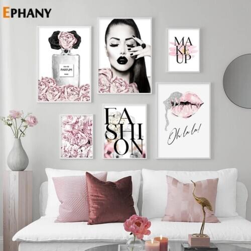 Perfume Make Up Posters and Prints Beauty Salon Wall Art Pink Lipstick Sexy Lady Canvas Pictures Bedroom Decoration Home Decor