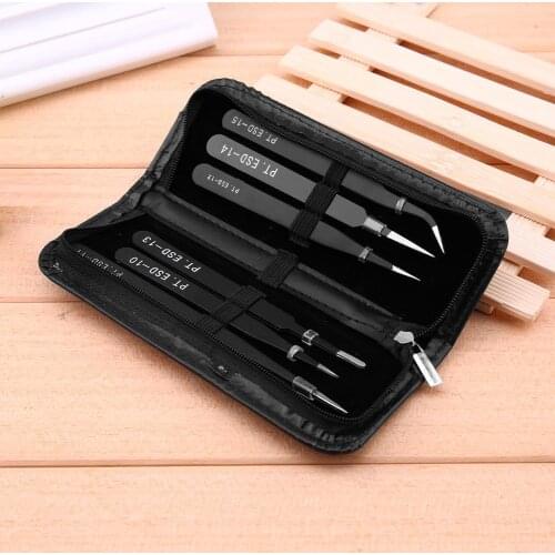 6pcs Reverse Tweezers Black Plastic Tip Stainless Steel Handle Precision Tweezers Curved/Flat/Straight Tip Tweezers