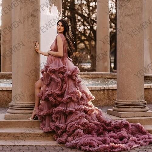 1M Train Cloud Dress V neck Off Shoulder Flower Old Pink Wedding Dress Photoshoot Bridal Gown