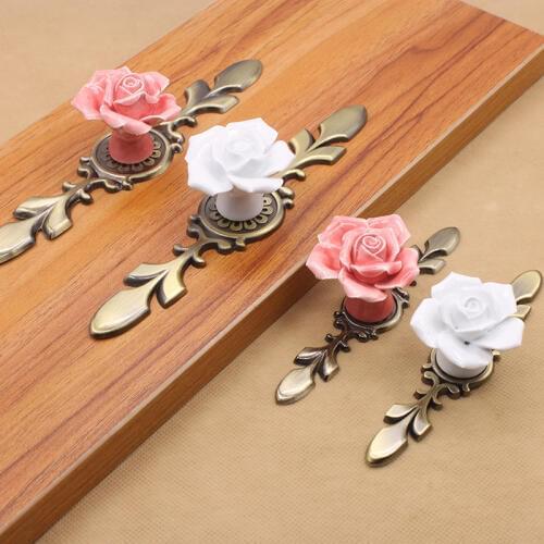 6.7"Ceramic Flower Rose Drawer Knobs Zinc Alloy Rural Cabinet Cupboard handles 40mm diameter Fashion Furniture Handles Hardware
