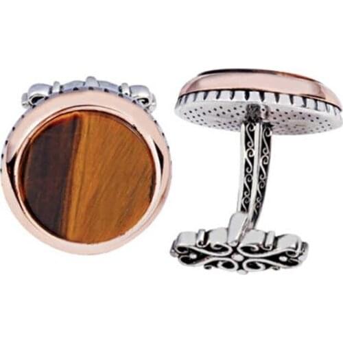 Silver Tiger Eye Stone Round Cufflinks
