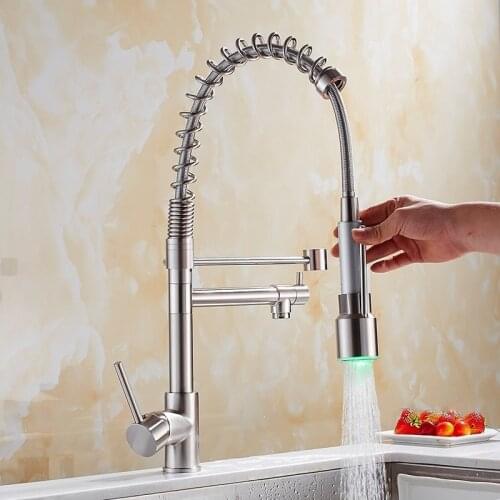 Kitchen Sink Faucets Nickel/Chrome Brass Pull Down Spray Nozzle Sink Mixer Tap Hot & Cold 2 Water Sources With LED Light Faucet