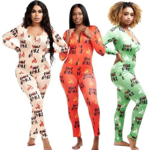Echoine Sexy Lipstick Letter Print Conjoined Pajamas Woman Long Sleeve Jumpsuit Sleepwear Hot Girl Onesie Outfits Fall Plus Size