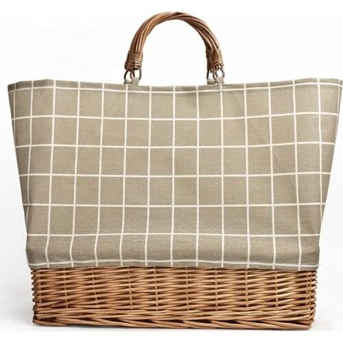 Straw Plaid Canvas Splicing Bag Rattan Portable Canvas Bag Weaving Lattice Stripe Handbag
