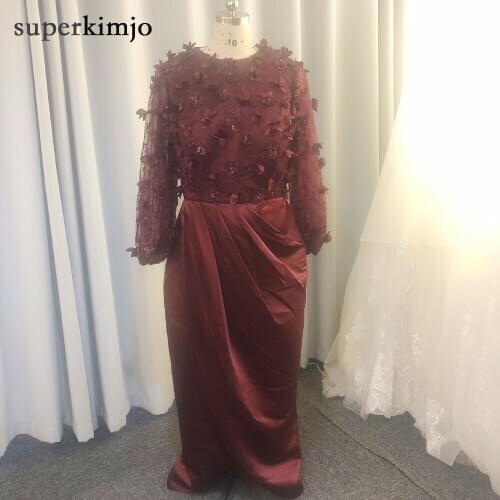 SuperKimJo Real Photo Burgundy Evening Dresses Long Sleeve 3D Flowers Lace Applique Mermaid Evening Gown Vestido Formatura